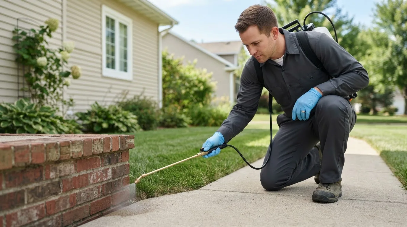 Pest control technician treating a home near North Vernon, IN